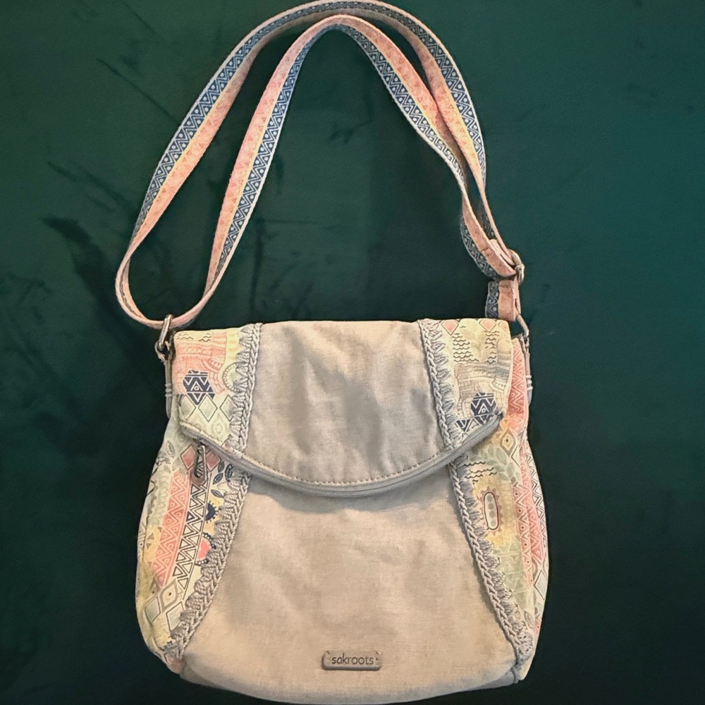 Sakroots Light Blue Canvas Crossbody Bag Pastel Geometric Print Boho Flap Purse